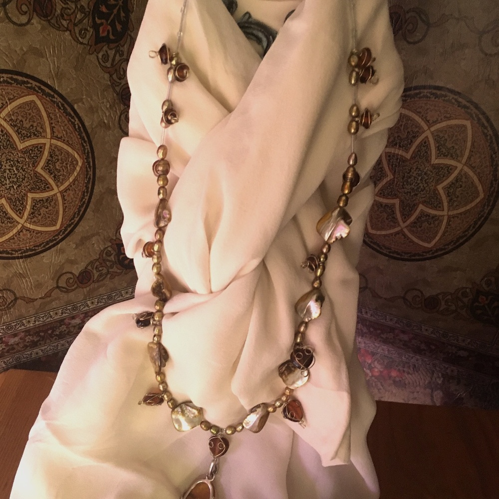 Freshwater pearls with amber and abalone shells in copper, brown and cream